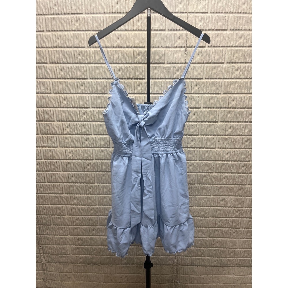 Cupshe‎ Light Blue Tie Front Smocked Waist Crochet Trim Mini Dress Small NEW